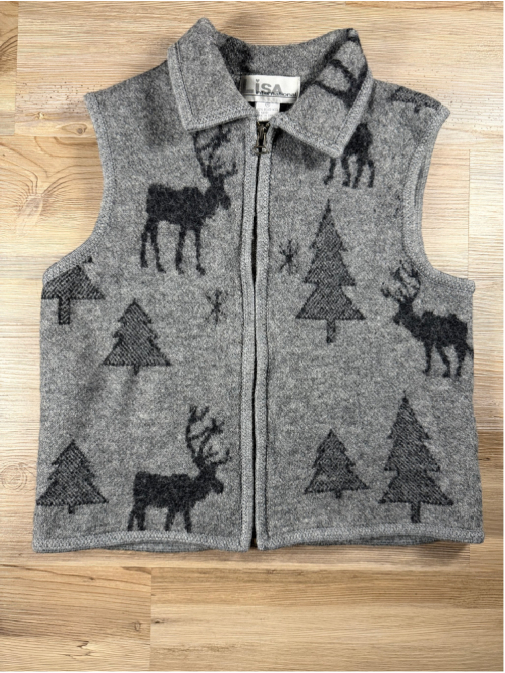'90s Women's Lisa International Boiled Wool Reindeer Vest Grey Black Size M